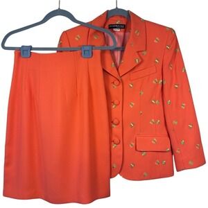 2 Piece Skirt Suit FORWEAR NEWYORK Petite Orange Whimsy insect Embroidery Size 8